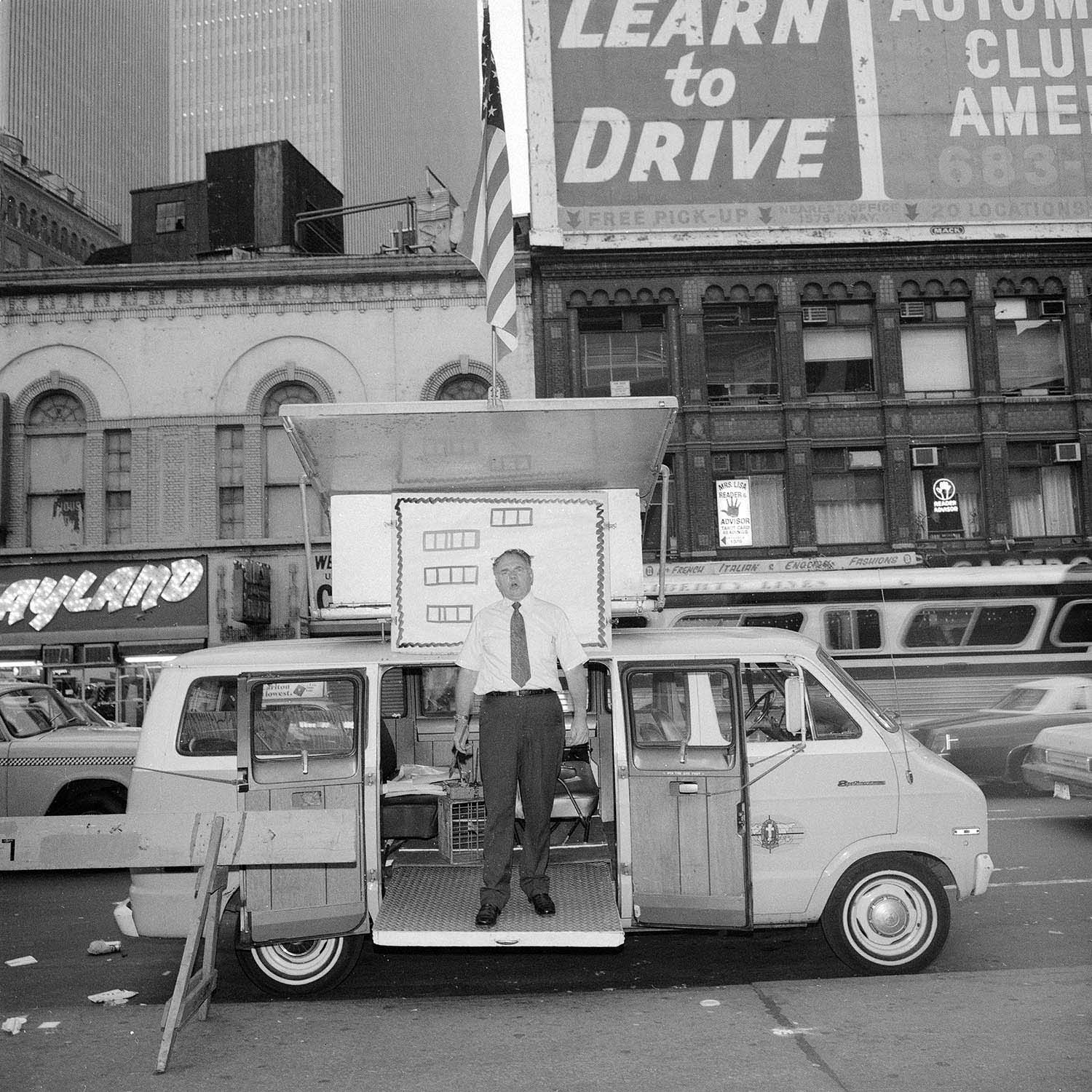 Meryl Meisler, Street Walker Street Photography Book by Eyeshot: Man in Van, Times Square, NY, NY, July 1978